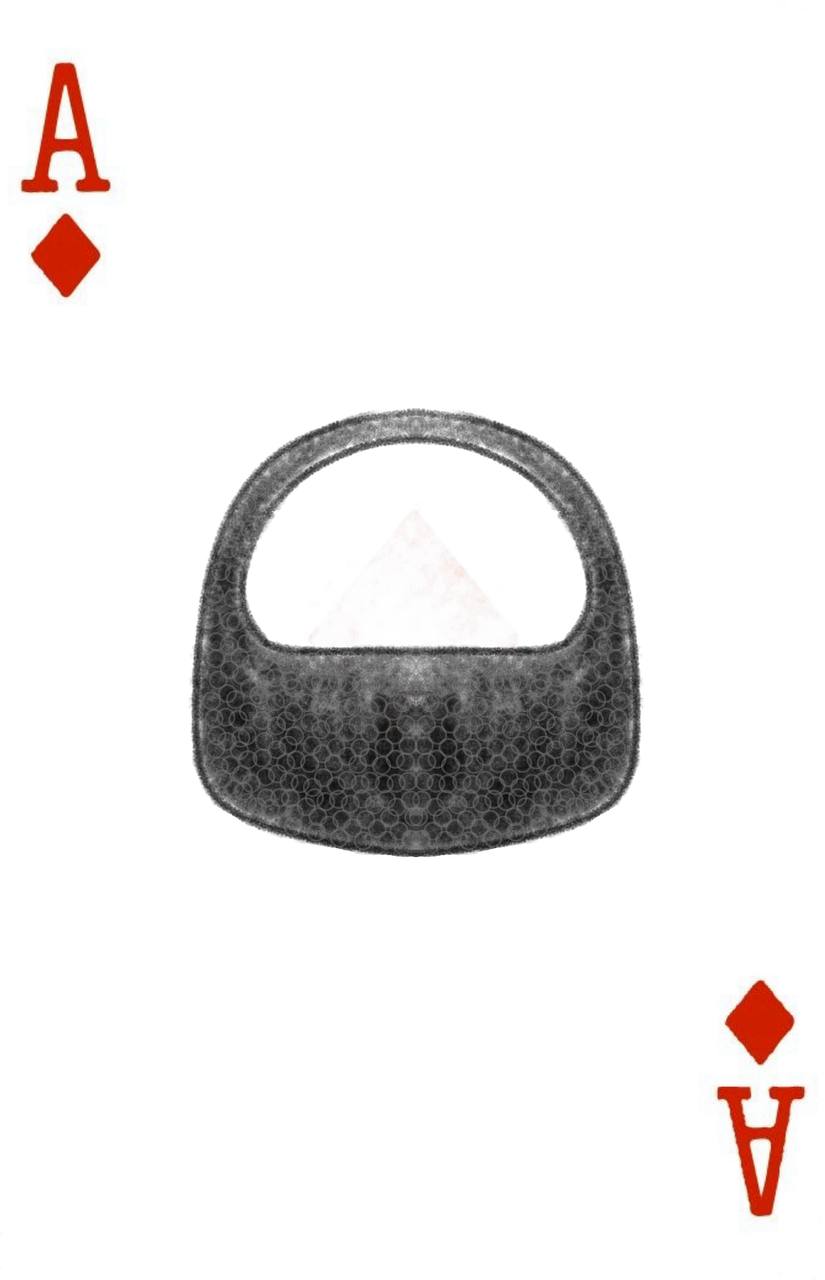 Ace of diamonds card featuring a patterned Pilosopo bag